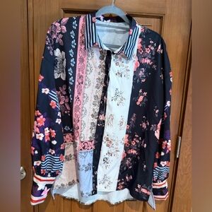 Patchwork Floral Button-Up Blouse - Navy & Pink